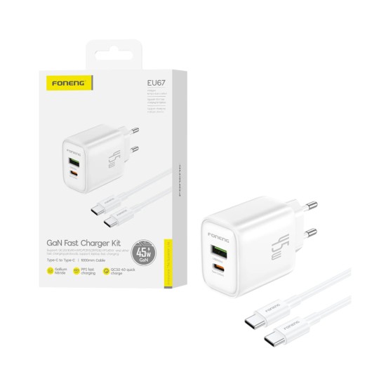 Foneng Charger EU67 2 Ports USB+Tipo-C PD 45W GAN with Type-C to Type-C Cable 1m White